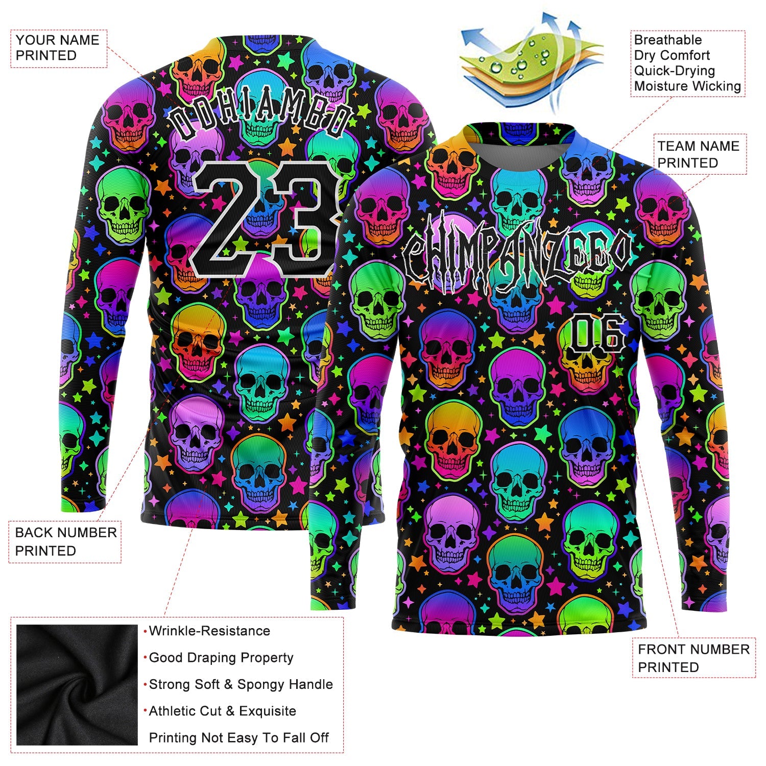 Custom 3D Pattern Bright Multicolored Halloween Skulls Long Sleeve Performance T-Shirt view 2