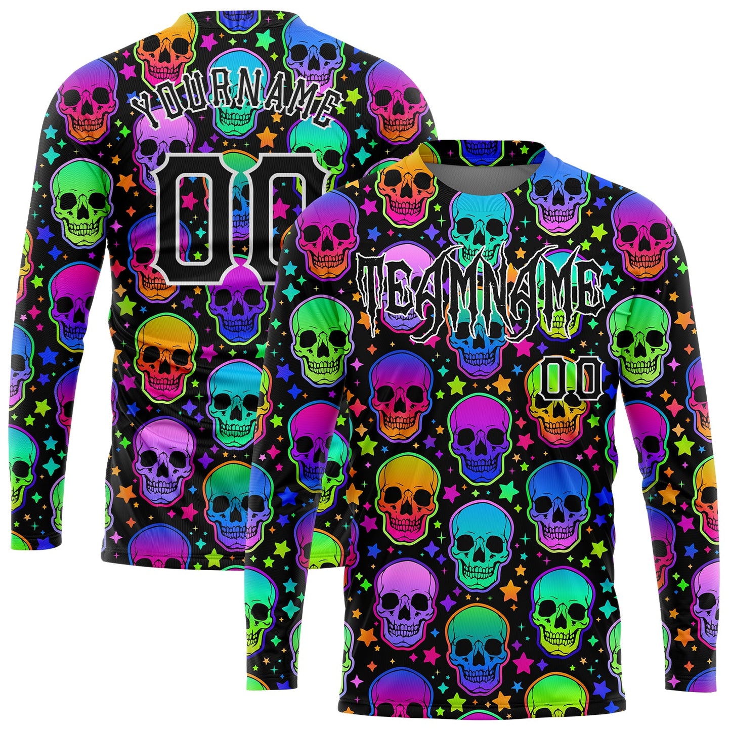 Custom 3D Pattern Bright Multicolored Halloween Skulls Long Sleeve Performance T-Shirt - Main View