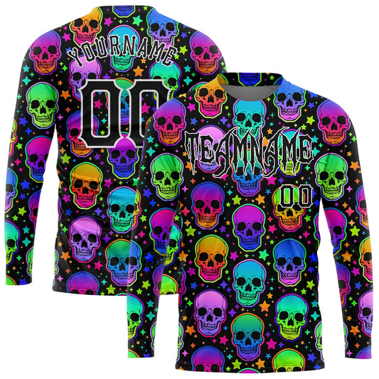 Custom 3D Pattern Bright Multicolored Halloween Skulls Long Sleeve Performance T-Shirt - Main View