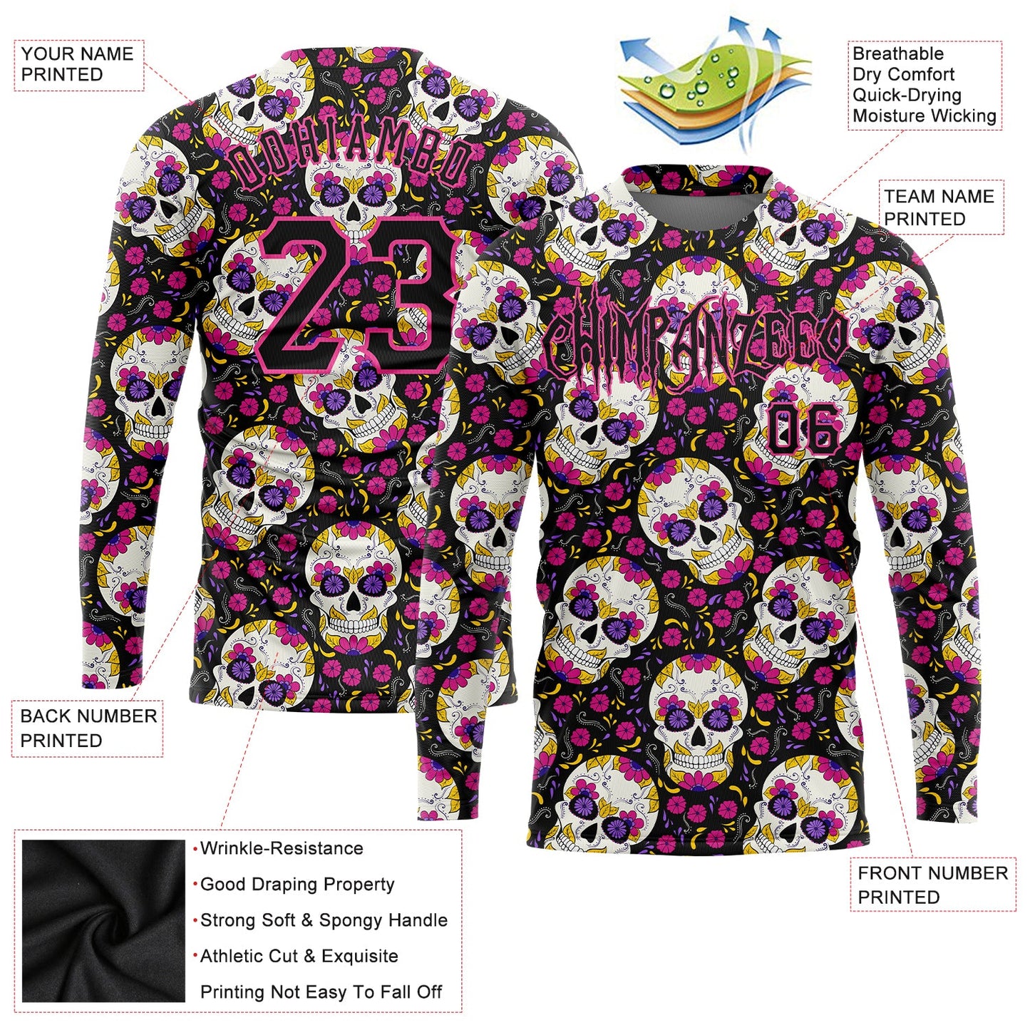 Custom 3D Pattern Halloween Skulls With Floral Long Sleeve Performance T-Shirt view 2
