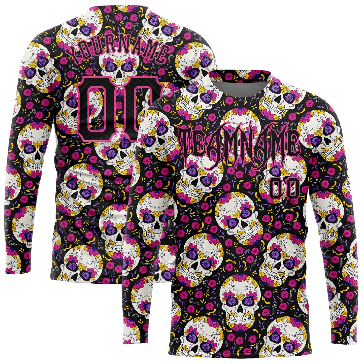 Custom 3D Pattern Halloween Skulls With Floral Long Sleeve Performance T-Shirt - Main View