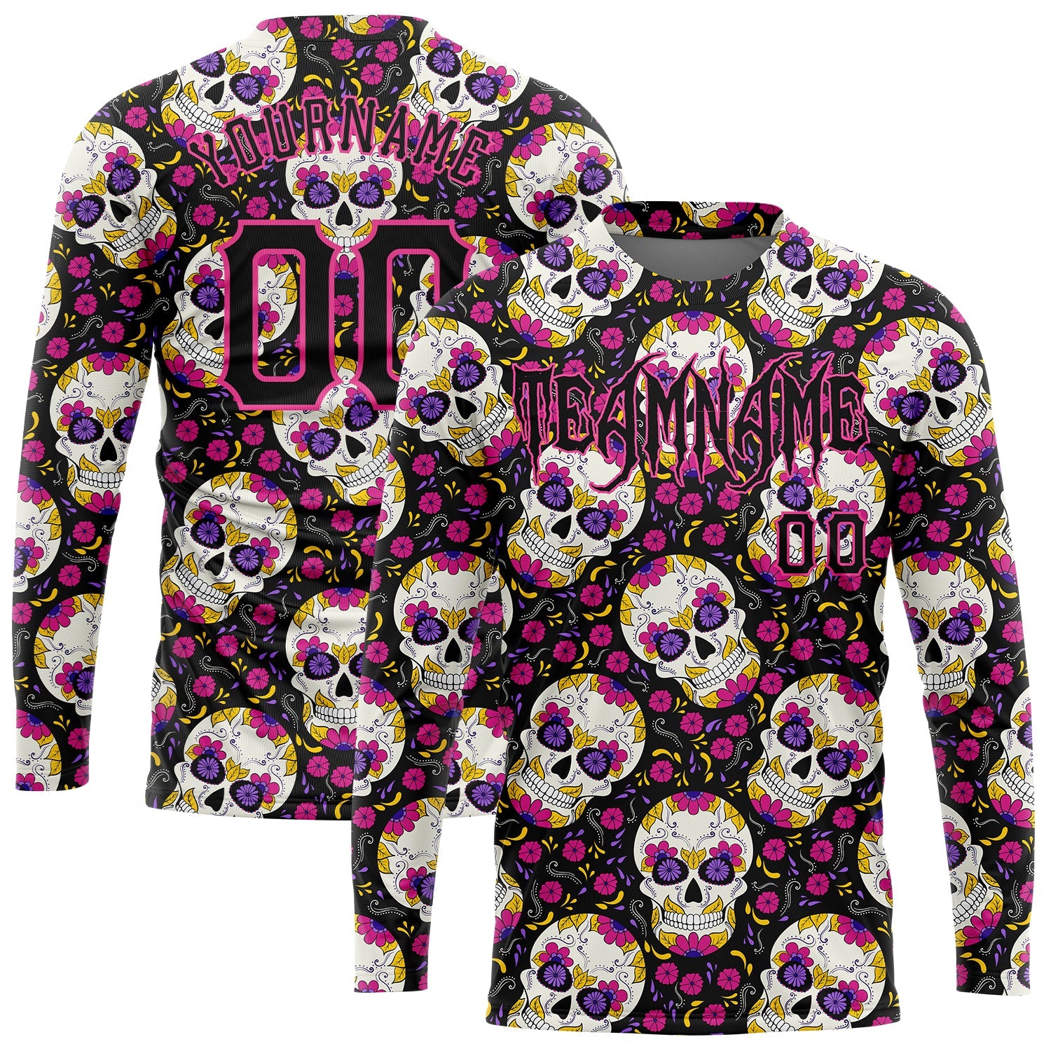Custom 3D Pattern Halloween Skulls With Floral Long Sleeve Performance T-Shirt - Main View
