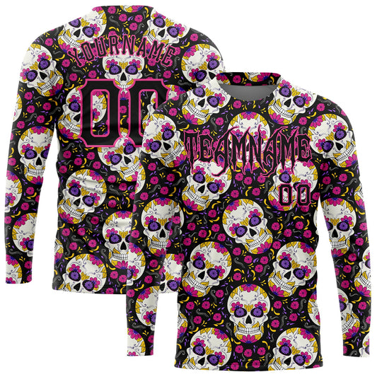 Custom 3D Pattern Halloween Skulls With Floral Long Sleeve Performance T-Shirt - Main View