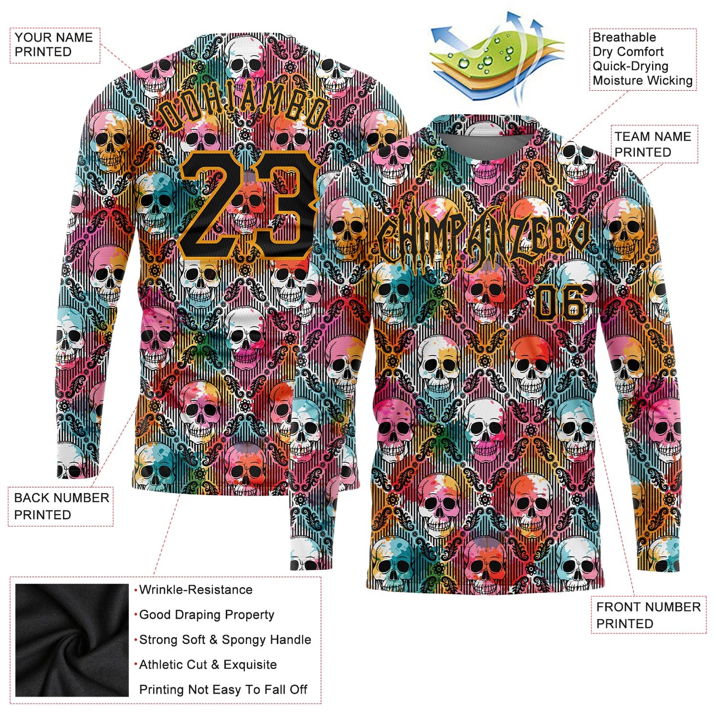 Custom 3D Pattern Halloween Skulls Long Sleeve Performance T-Shirt view 2