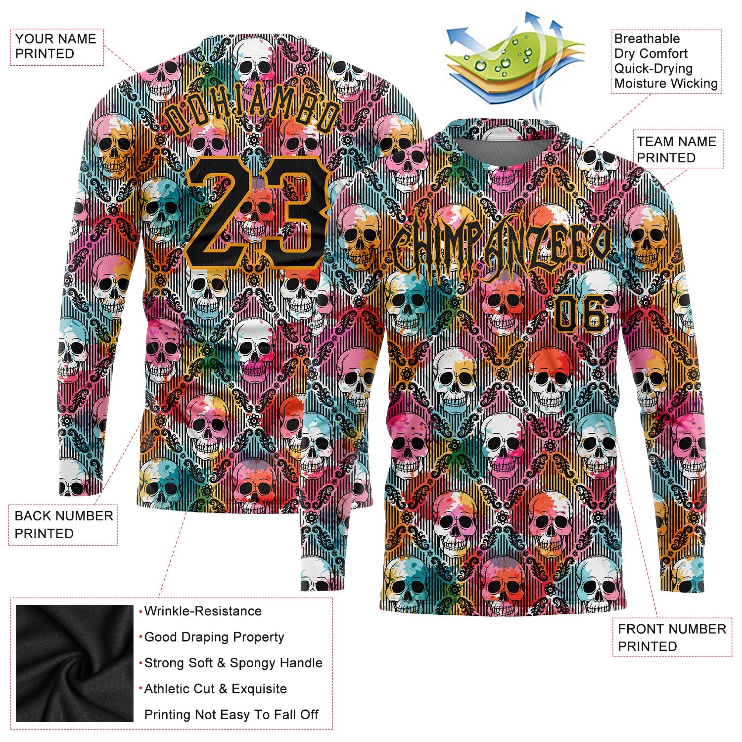 Custom 3D Pattern Halloween Skulls Long Sleeve Performance T-Shirt view 2