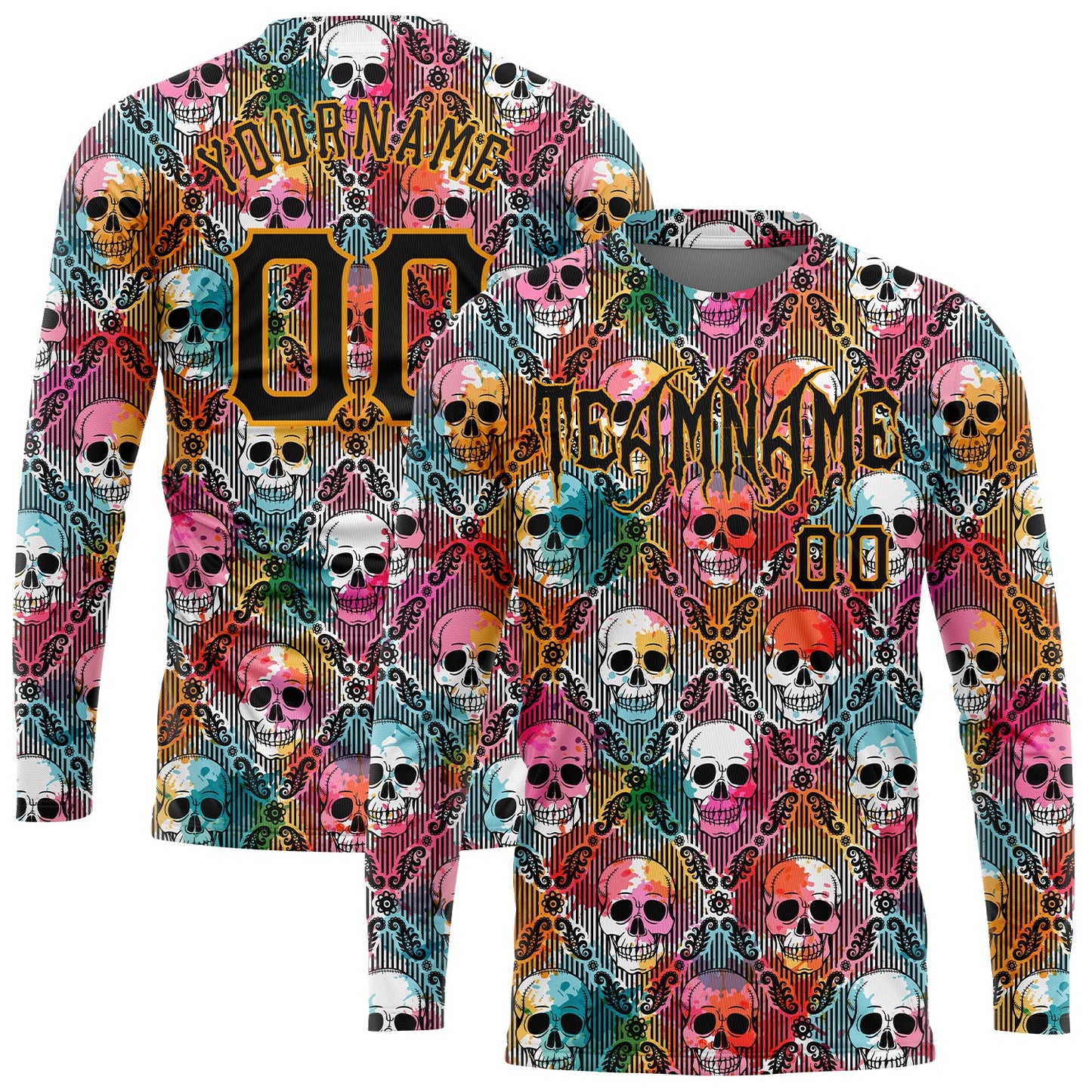 Custom 3D Pattern Halloween Skulls Long Sleeve Performance T-Shirt - Main View