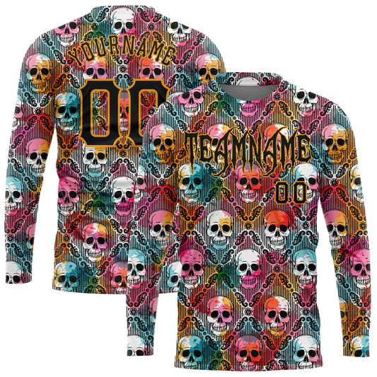 Custom 3D Pattern Halloween Skulls Long Sleeve Performance T-Shirt - Main View