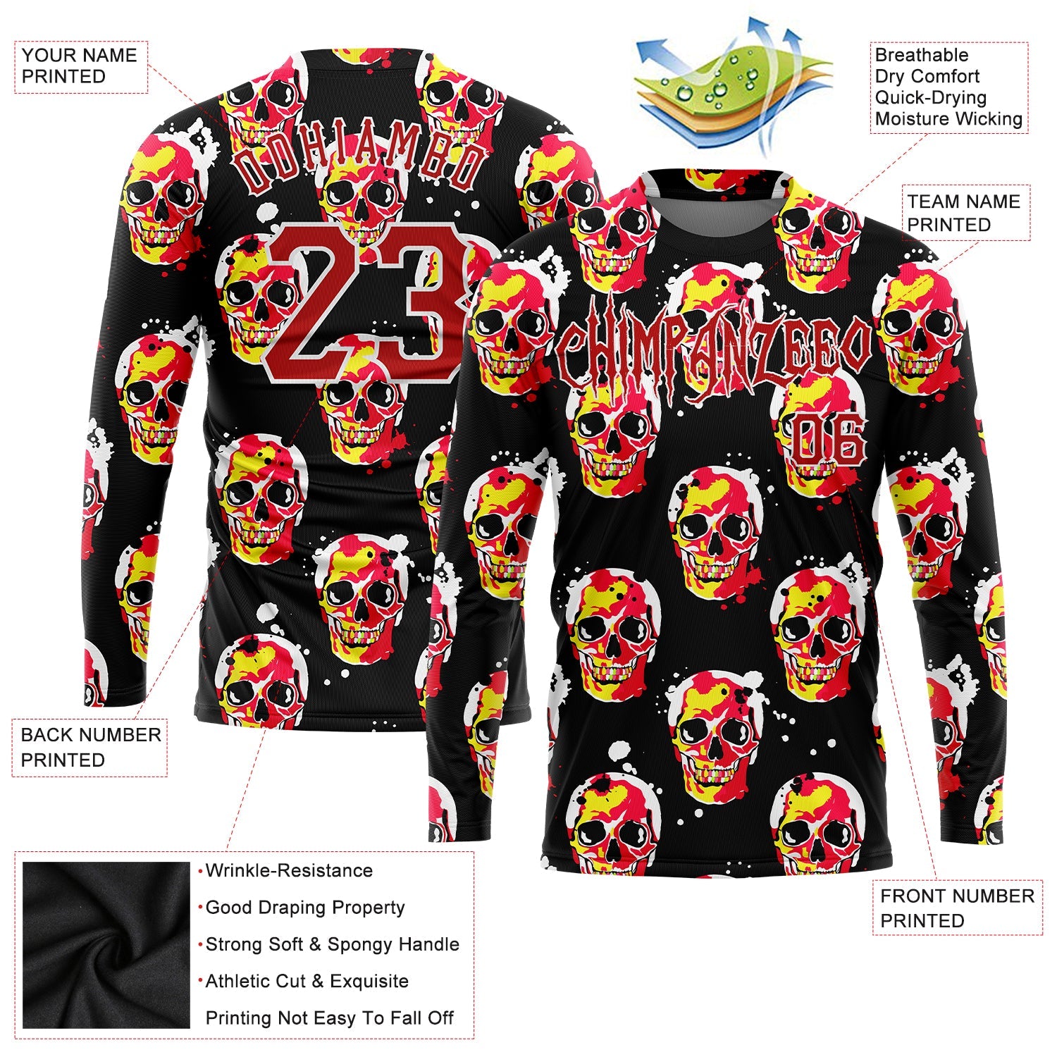 Custom 3D Pattern Halloween Skulls Long Sleeve Performance T-Shirt view 2