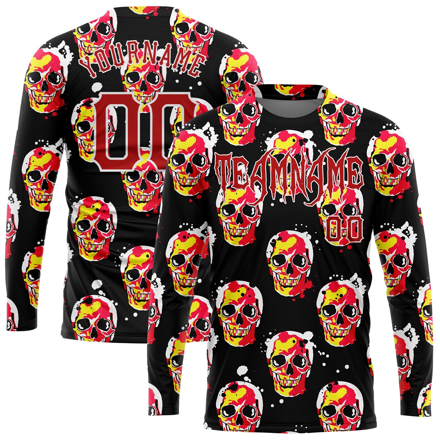 Custom 3D Pattern Halloween Skulls Long Sleeve Performance T-Shirt - Main View