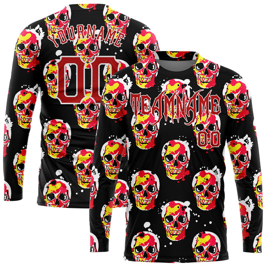 Custom 3D Pattern Halloween Skulls Long Sleeve Performance T-Shirt - Main View