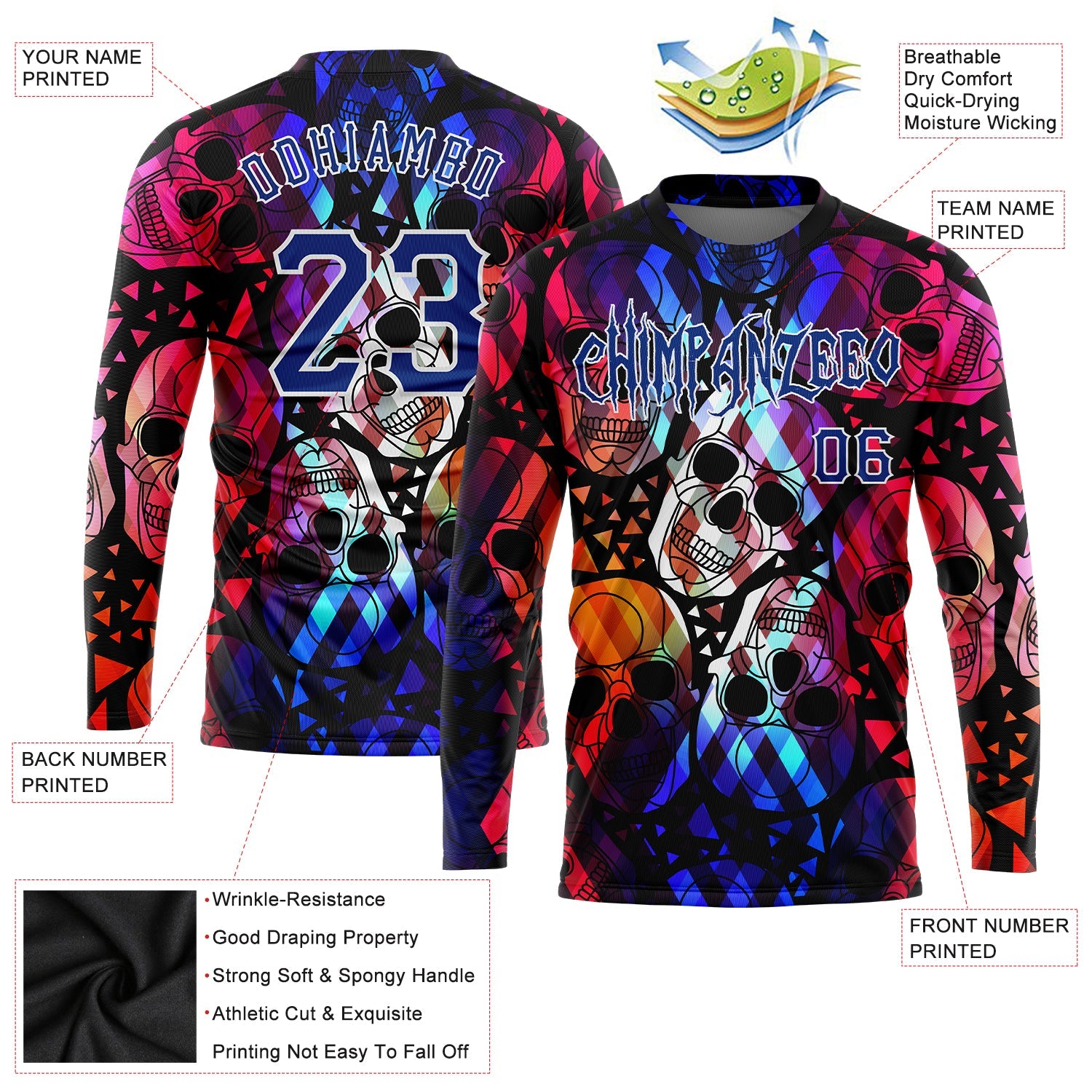 Custom 3D Pattern Halloween Skulls Long Sleeve Performance T-Shirt view 2