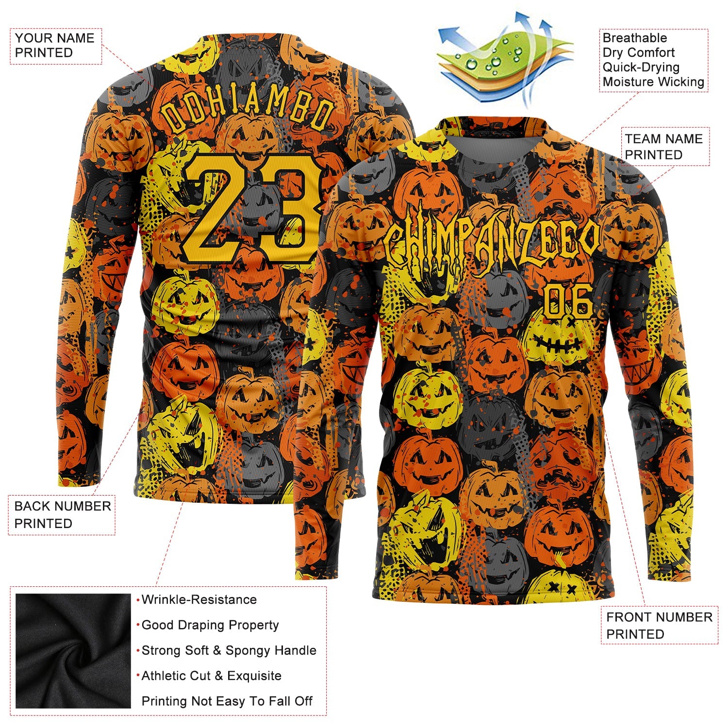 Custom 3D Pattern Halloween Pumpkins Long Sleeve Performance T-Shirt view 2