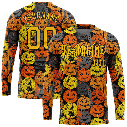 Custom 3D Pattern Halloween Pumpkins Long Sleeve Performance T-Shirt - Main View