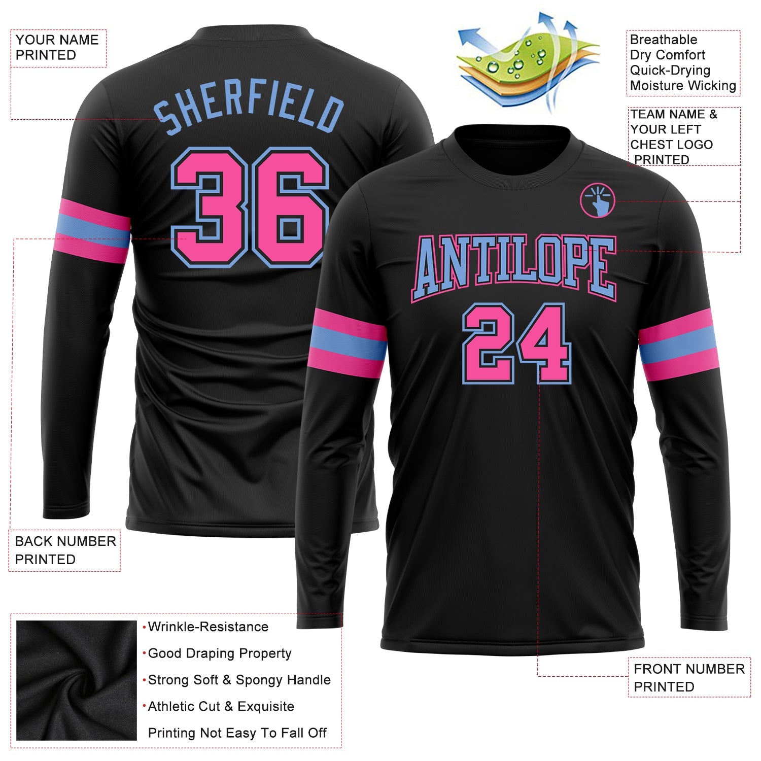 Custom Black Pink-Light Blue Long Sleeve Performance T-Shirt view 3