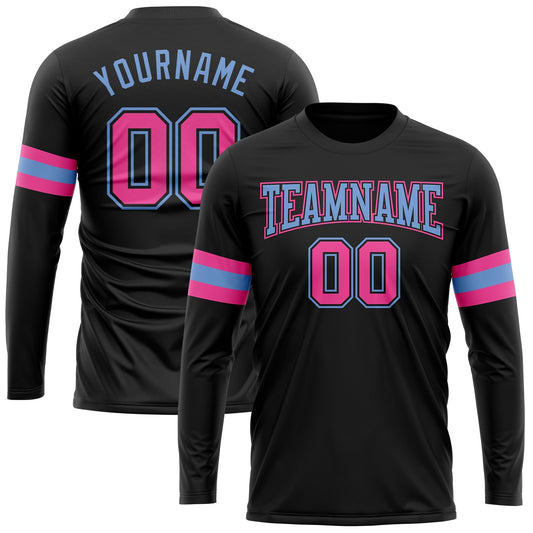 Custom Black Pink-Light Blue Long Sleeve Performance T-Shirt - Main View