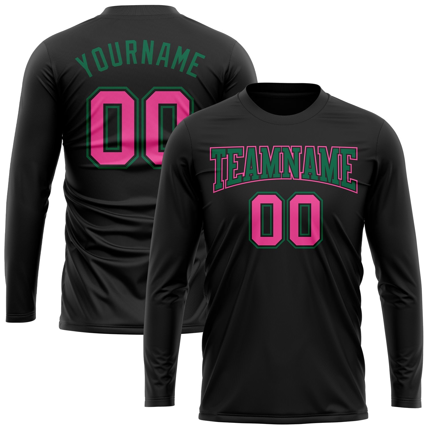 Custom Black Pink-Kelly Green Long Sleeve Performance T-Shirt view 2