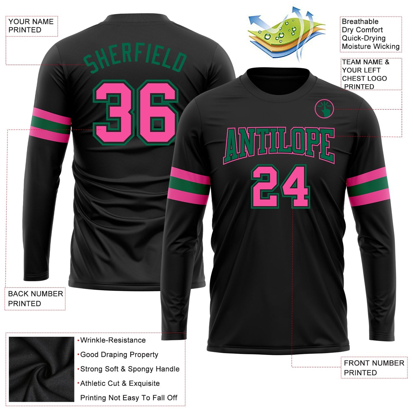 Custom Black Pink-Kelly Green Long Sleeve Performance T-Shirt view 3