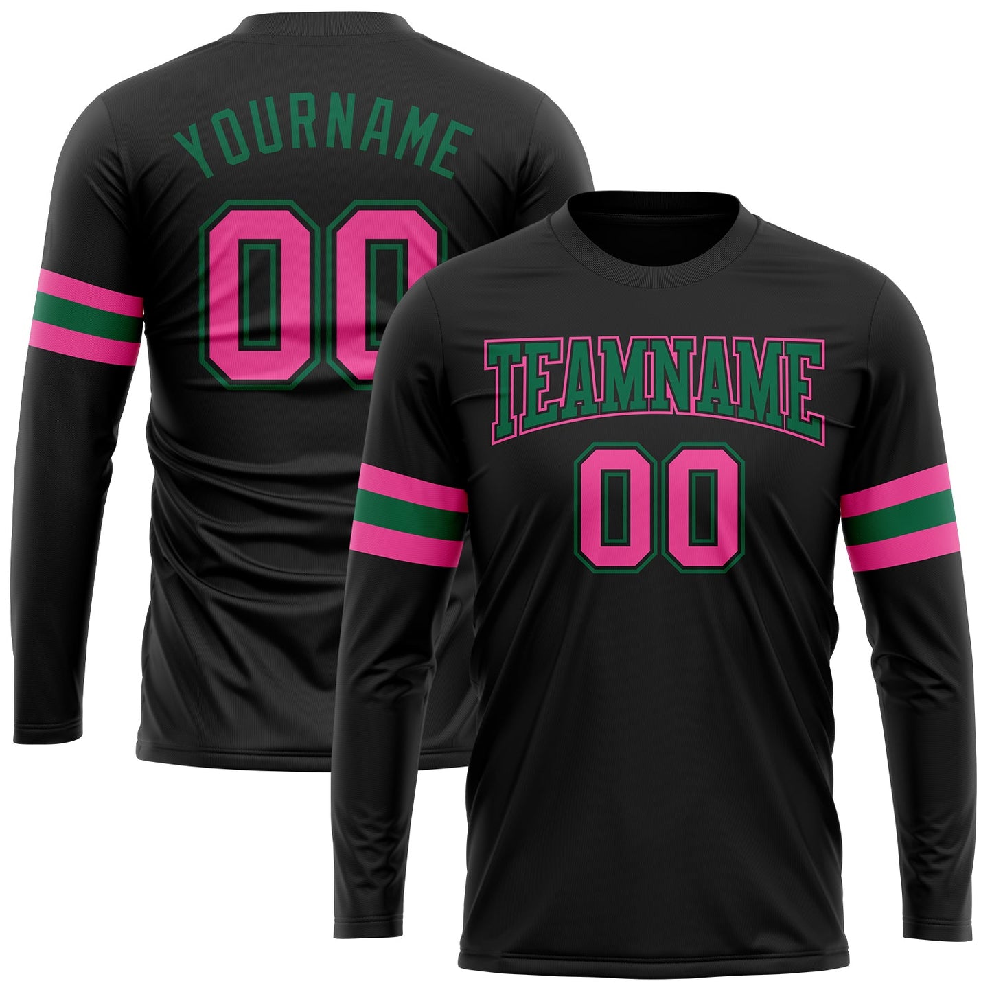 Custom Black Pink-Kelly Green Long Sleeve Performance T-Shirt - Main View