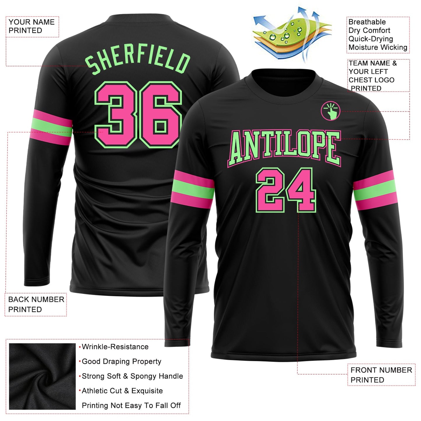 Custom Black Pink-Pea Green Long Sleeve Performance T-Shirt view 3