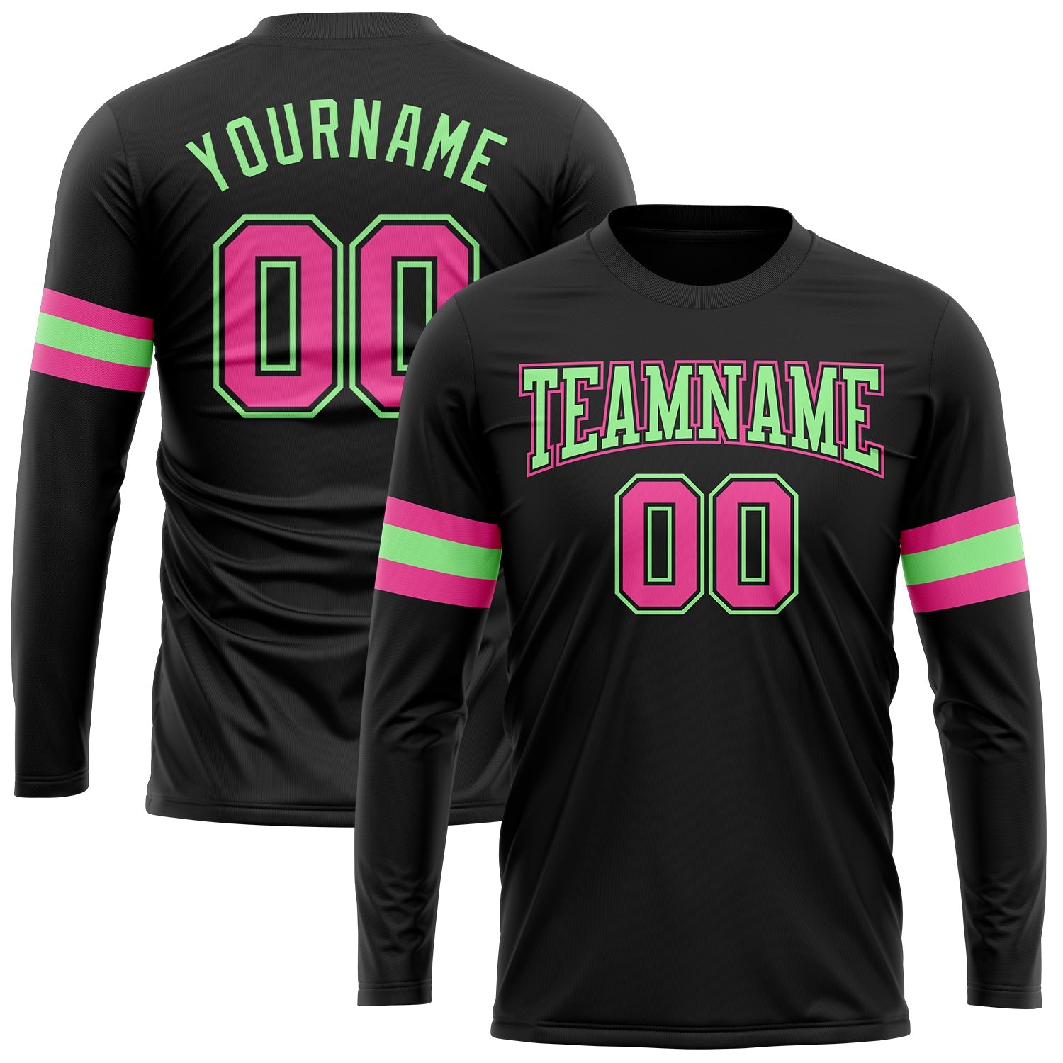 Custom Black Pink-Pea Green Long Sleeve Performance T-Shirt - Main View