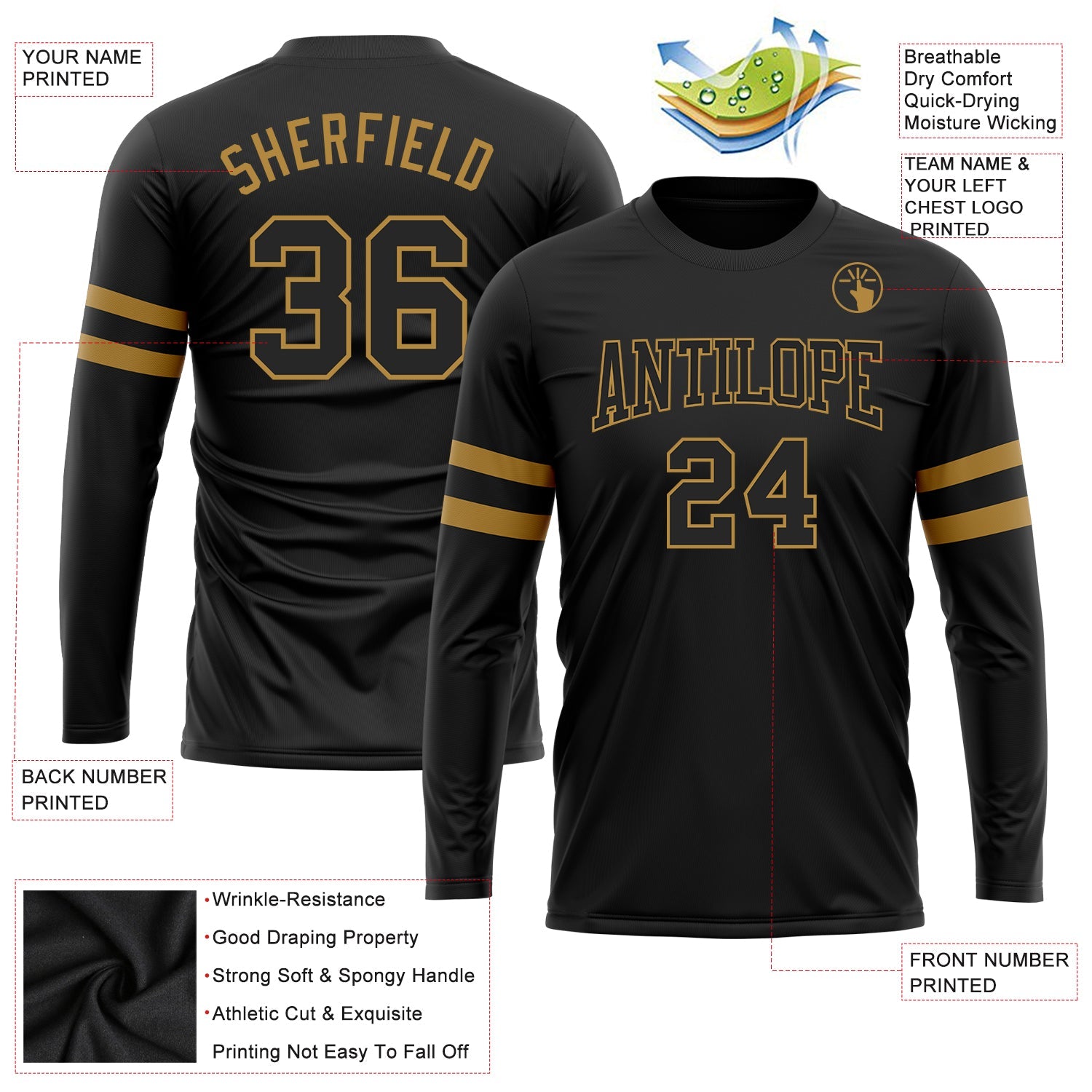 Custom Black Black-Old Gold Long Sleeve Performance T-Shirt view 3