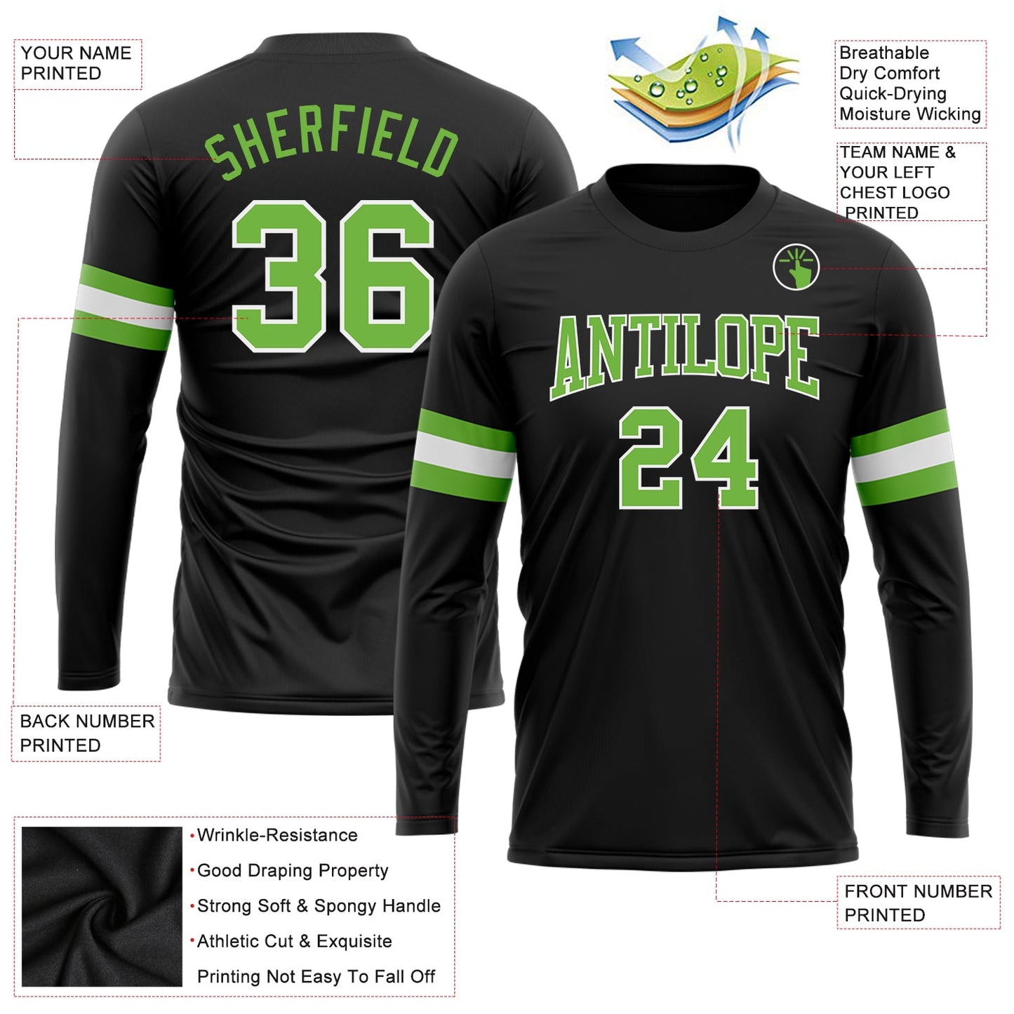 Custom Black Neon Green-White Long Sleeve Performance T-Shirt view 3