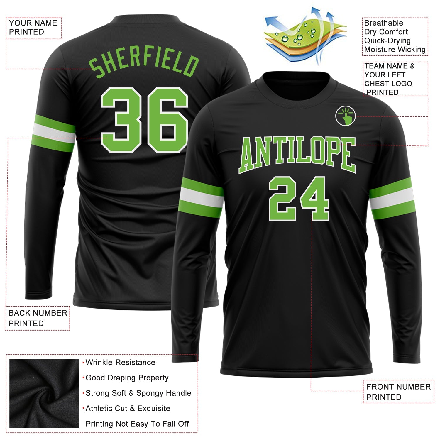 Custom Black Neon Green-White Long Sleeve Performance T-Shirt view 3