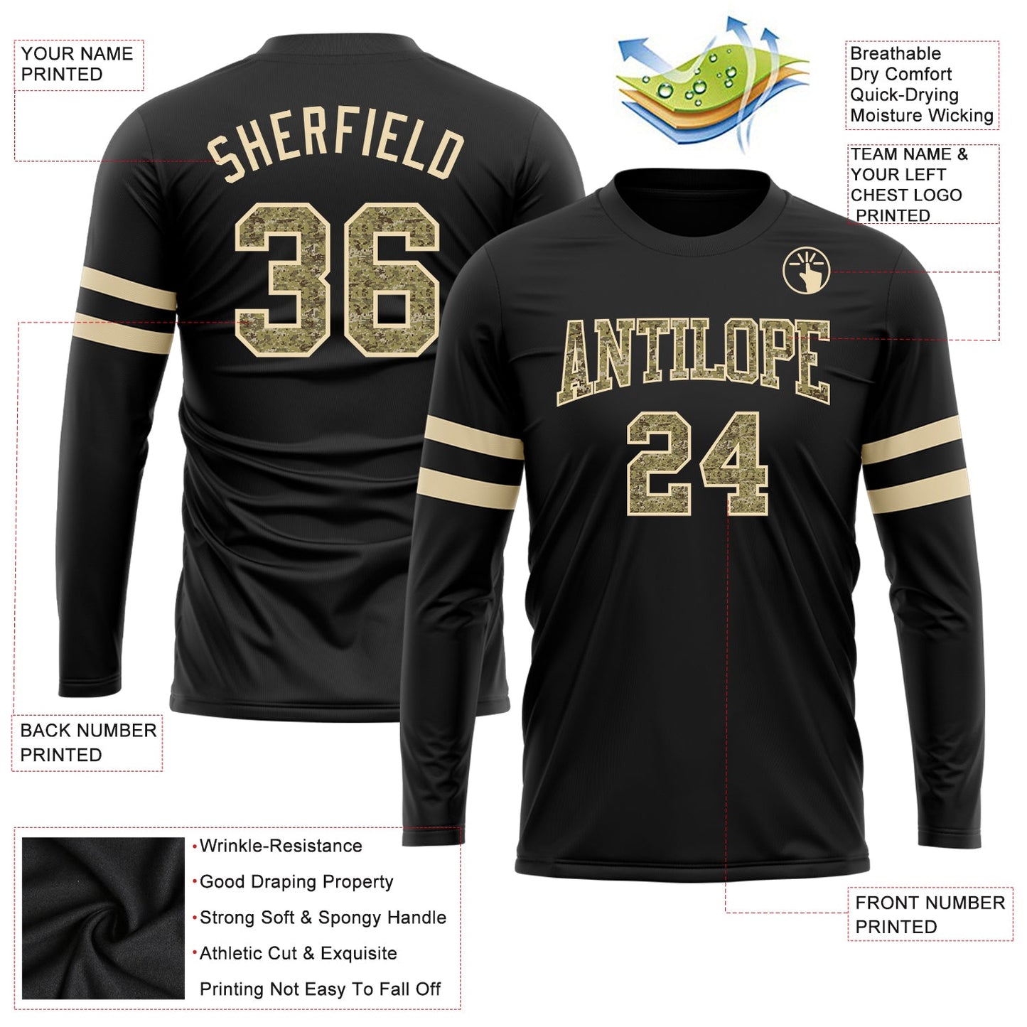Custom Black Camo-Cream Long Sleeve Performance T-Shirt view 3