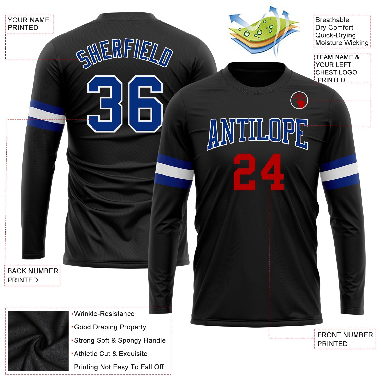Custom Black Royal Red-White Long Sleeve Performance T-Shirt view 3