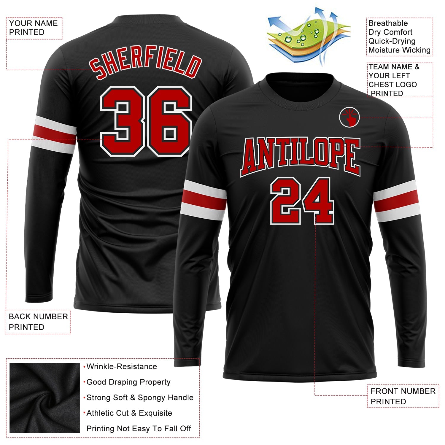 Custom Black Red-White Long Sleeve Performance T-Shirt view 3
