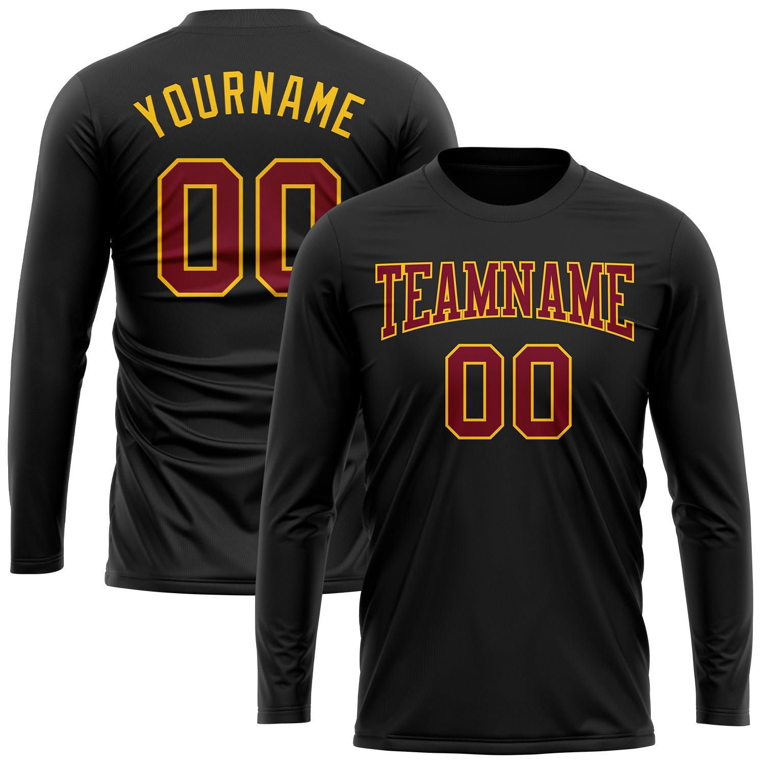 Custom Black Maroon-Gold Long Sleeve Performance T-Shirt view 2