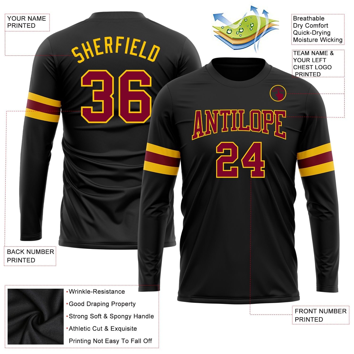 Custom Black Maroon-Gold Long Sleeve Performance T-Shirt view 3