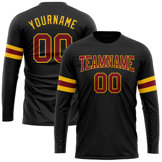 Custom Black Maroon-Gold Long Sleeve Performance T-Shirt - Main View