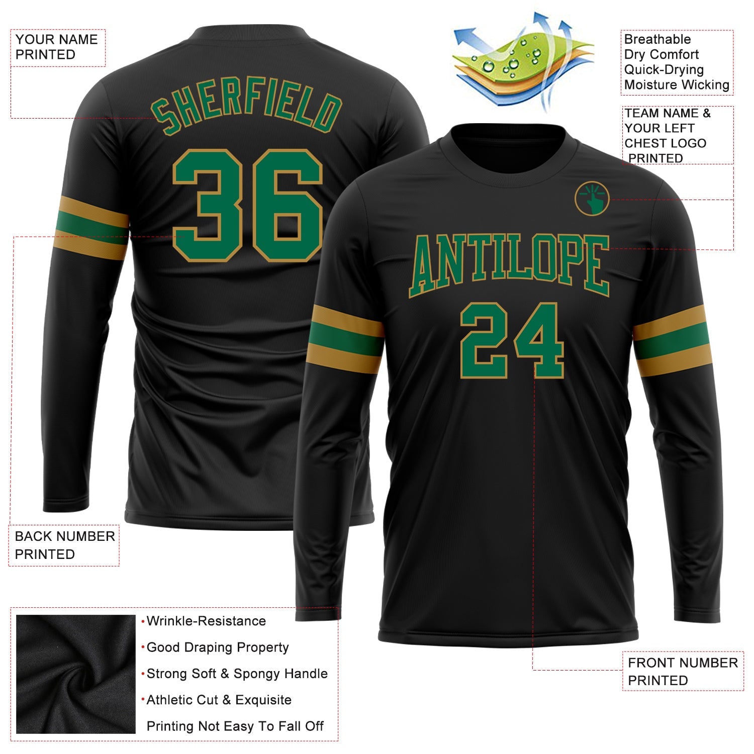 Custom Black Kelly Green-Old Gold Long Sleeve Performance T-Shirt view 3