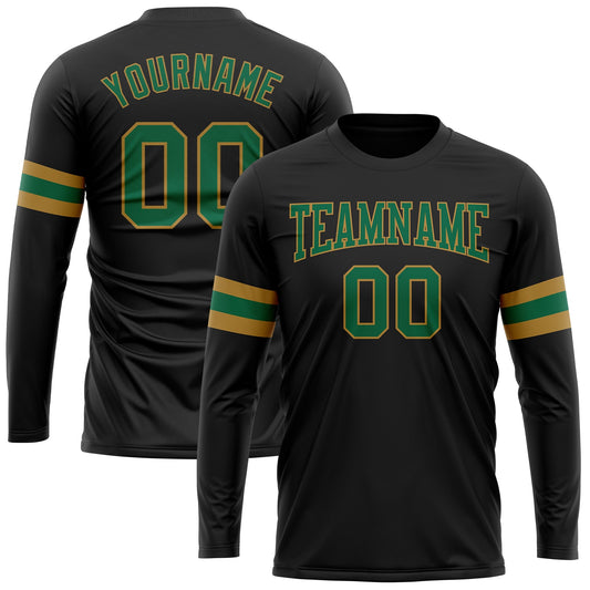 Custom Black Kelly Green-Old Gold Long Sleeve Performance T-Shirt - Main View