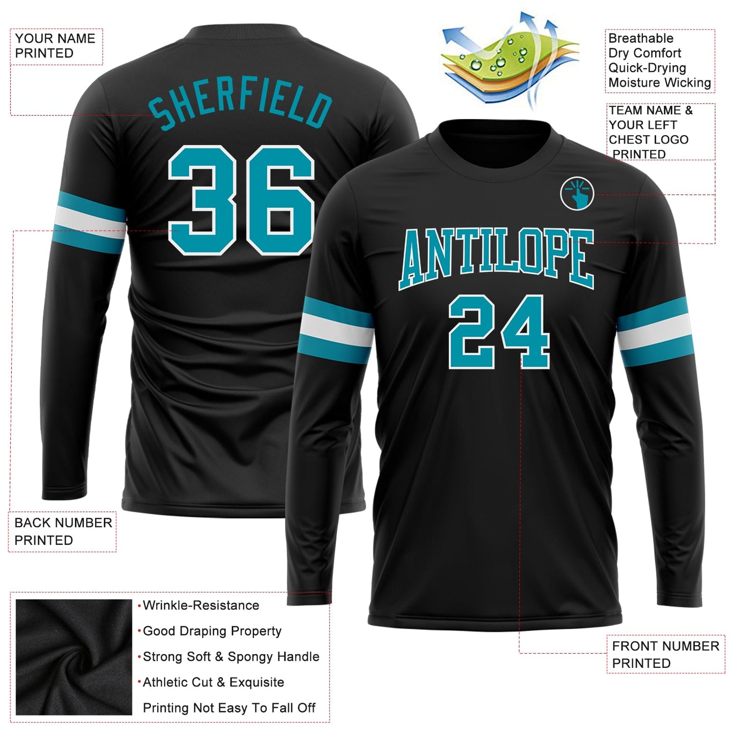 Custom Black Teal-White Long Sleeve Performance T-Shirt view 3