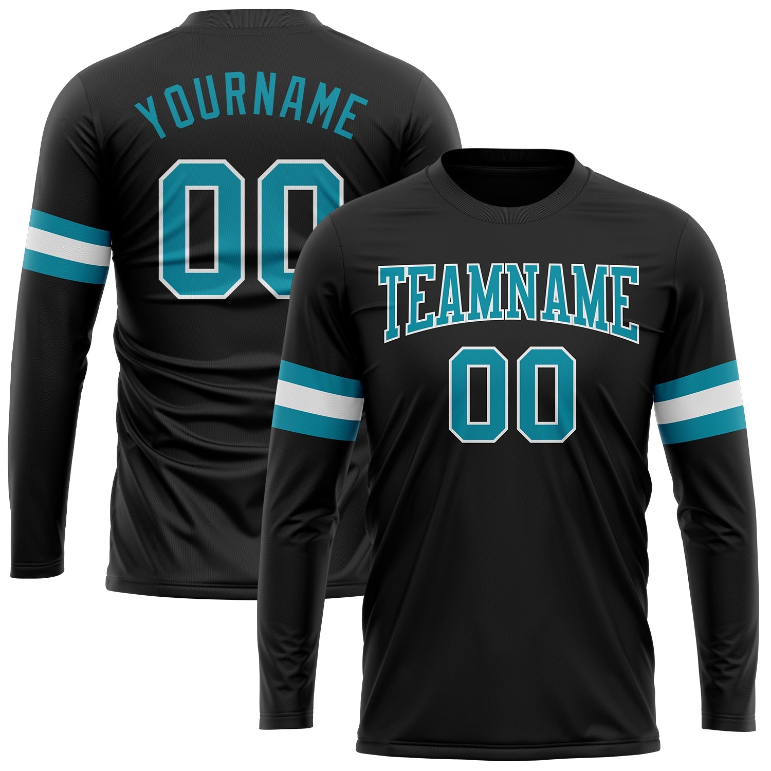 Custom Black Teal-White Long Sleeve Performance T-Shirt - Main View
