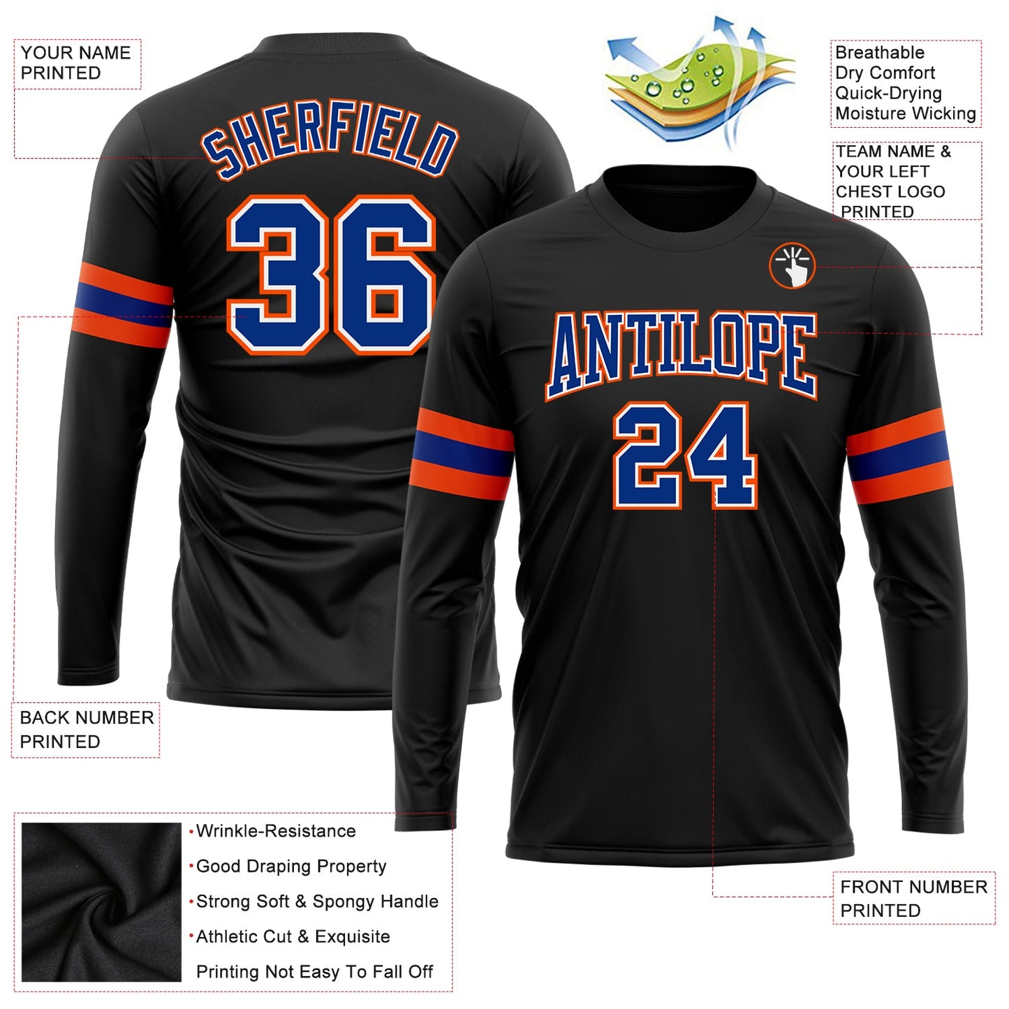Custom Black Royal Orange-White Long Sleeve Performance T-Shirt view 3