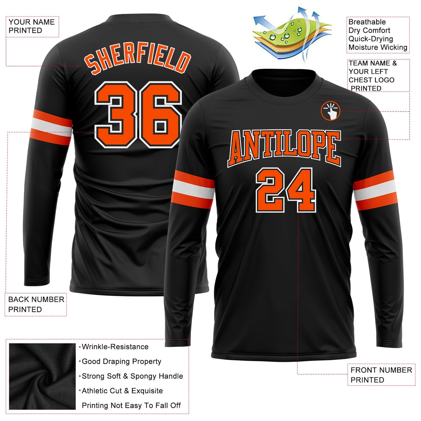 Custom Black Orange-White Long Sleeve Performance T-Shirt view 3