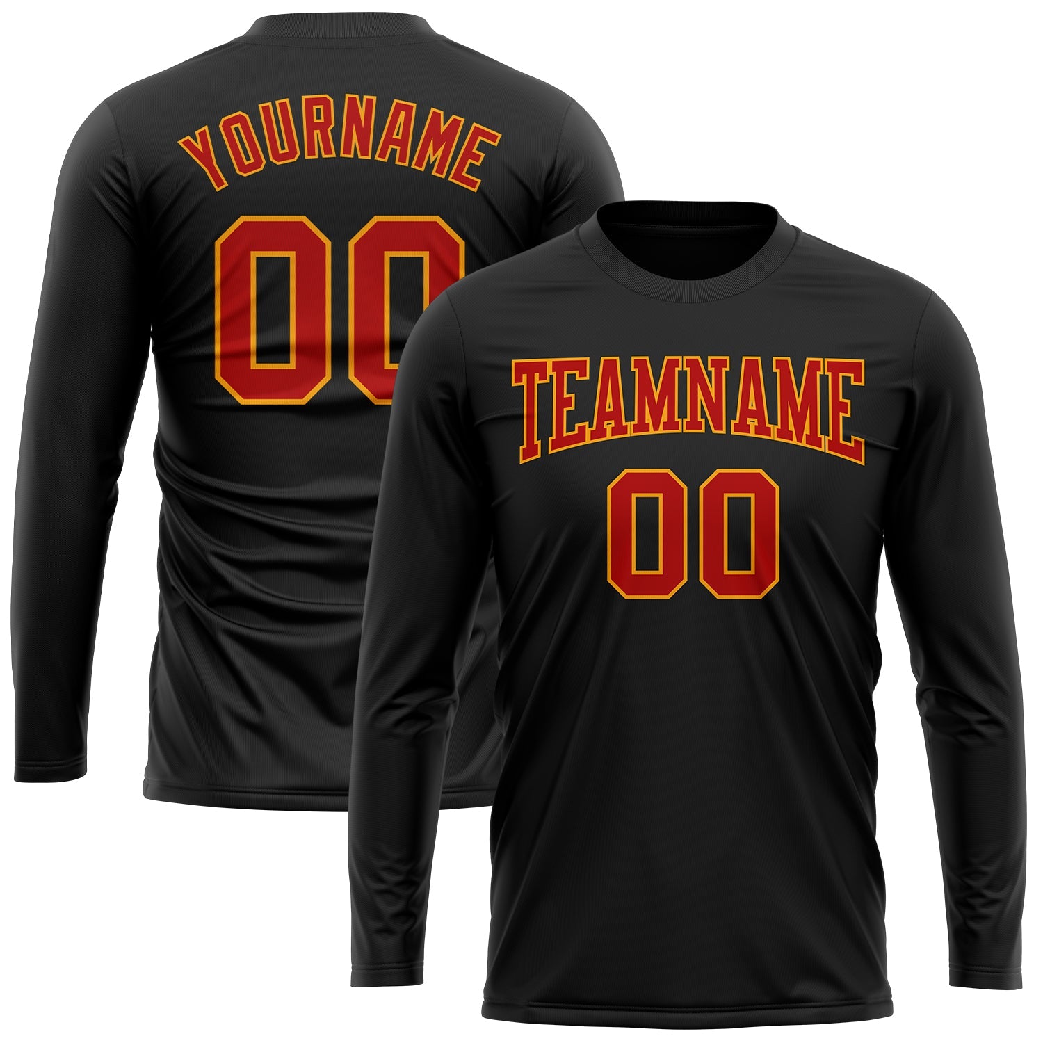 Custom Black Red-Gold Long Sleeve Performance T-Shirt view 2