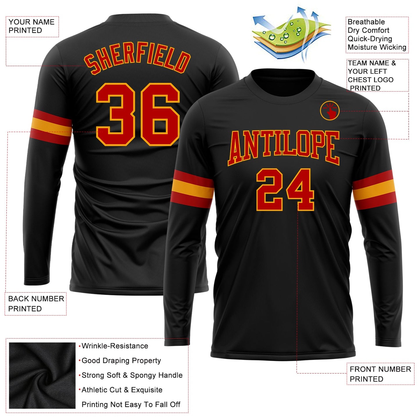 Custom Black Red-Gold Long Sleeve Performance T-Shirt view 3