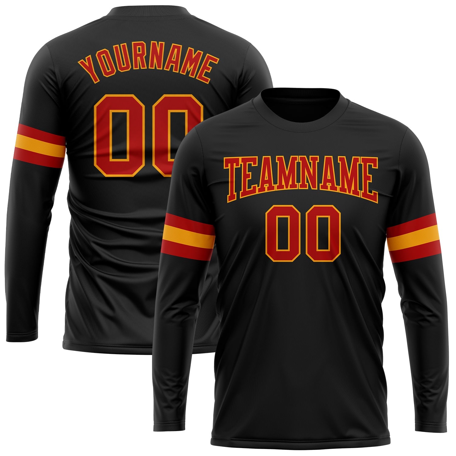 Custom Black Red-Gold Long Sleeve Performance T-Shirt - Main View