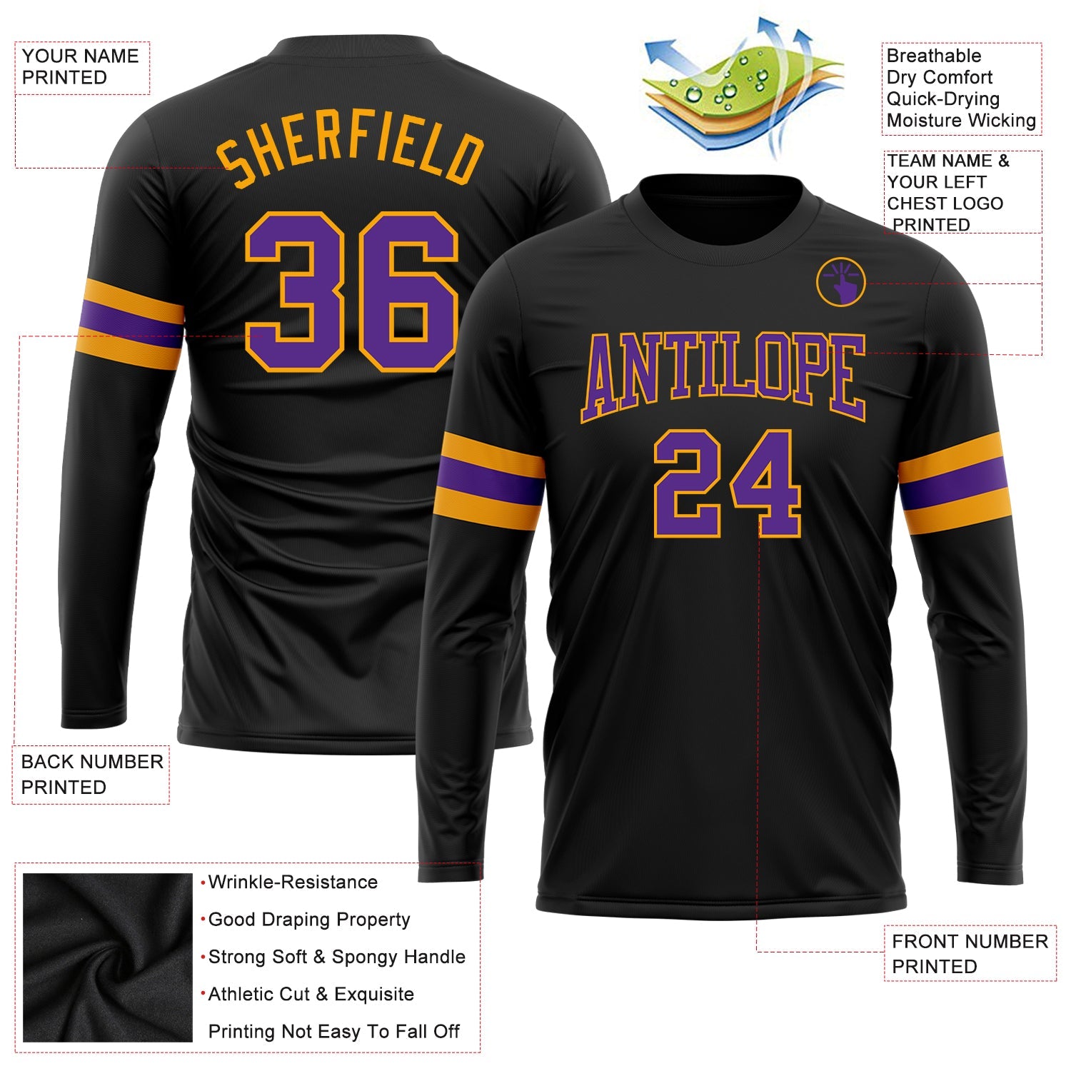 Custom Black Purple-Gold Long Sleeve Performance T-Shirt view 3