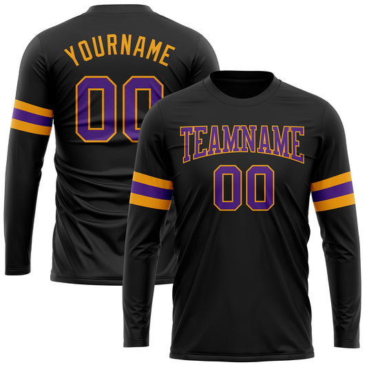 Custom Black Purple-Gold Long Sleeve Performance T-Shirt - Main View