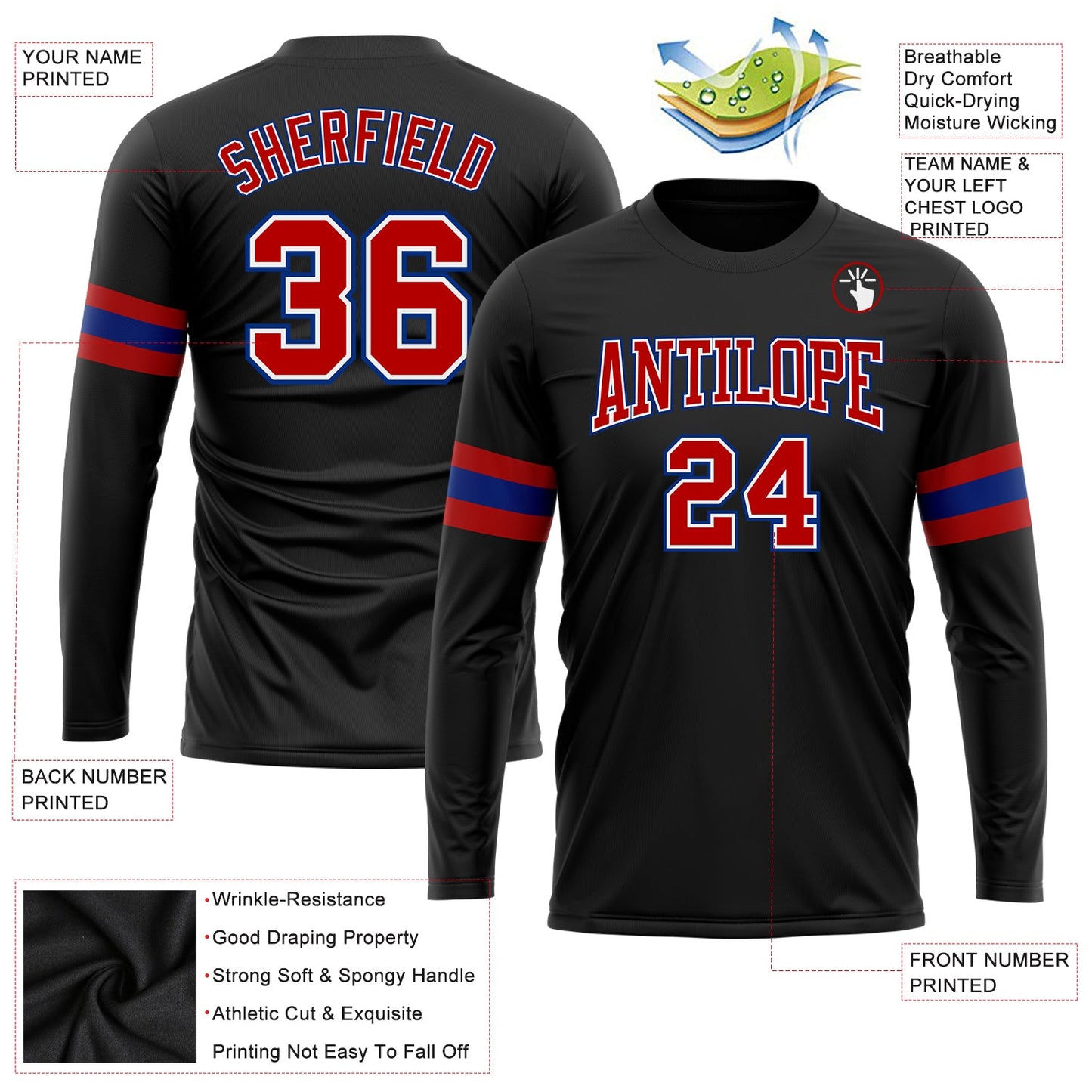 Custom Black Red Royal-White Long Sleeve Performance T-Shirt view 3