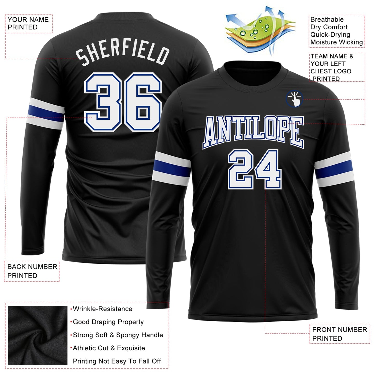 Custom Black White-Royal Long Sleeve Performance T-Shirt view 3