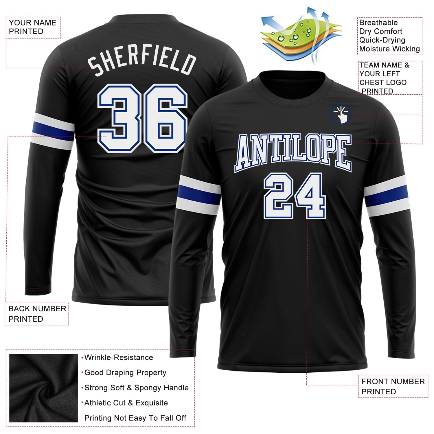Custom Black White-Royal Long Sleeve Performance T-Shirt view 3