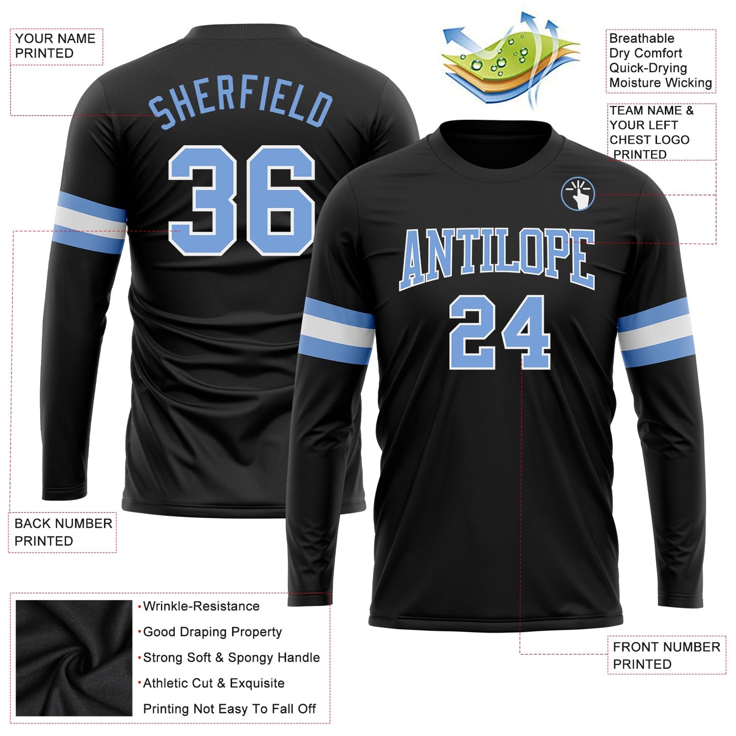 Custom Black Light Blue-White Long Sleeve Performance T-Shirt view 3