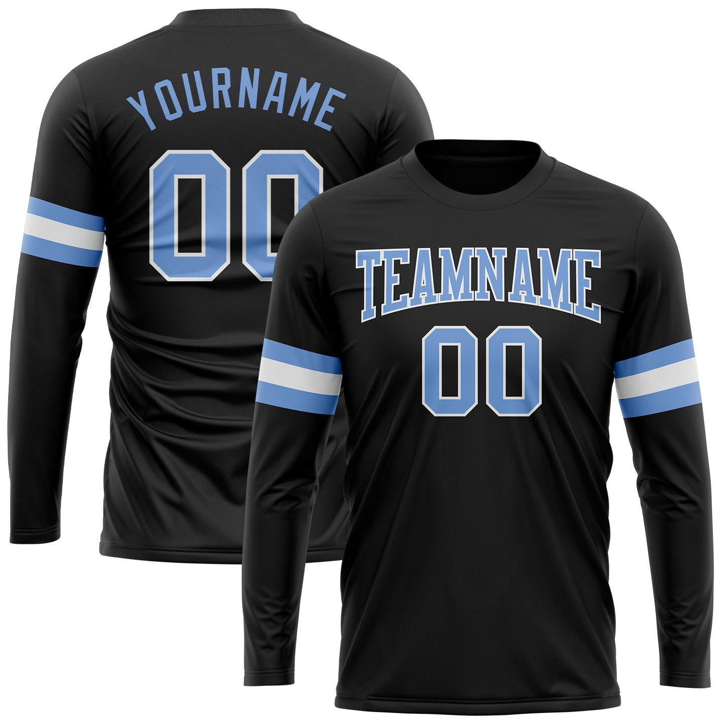 Custom Black Light Blue-White Long Sleeve Performance T-Shirt - Main View