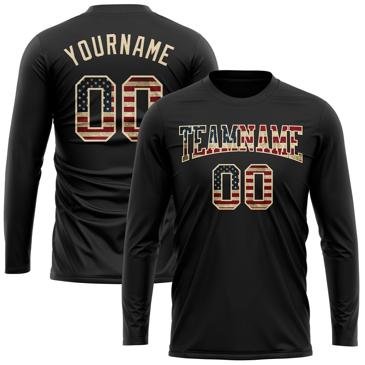 Custom Black Vintage USA Flag Crimson-Cream Long Sleeve Performance T-Shirt view 2